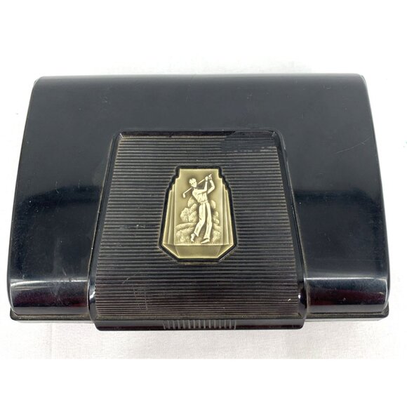 Golf Themed Hinged Box Men's Jewelry Trinket Box Brown Plastic 7.5" Vtg - Picture 2 of 9